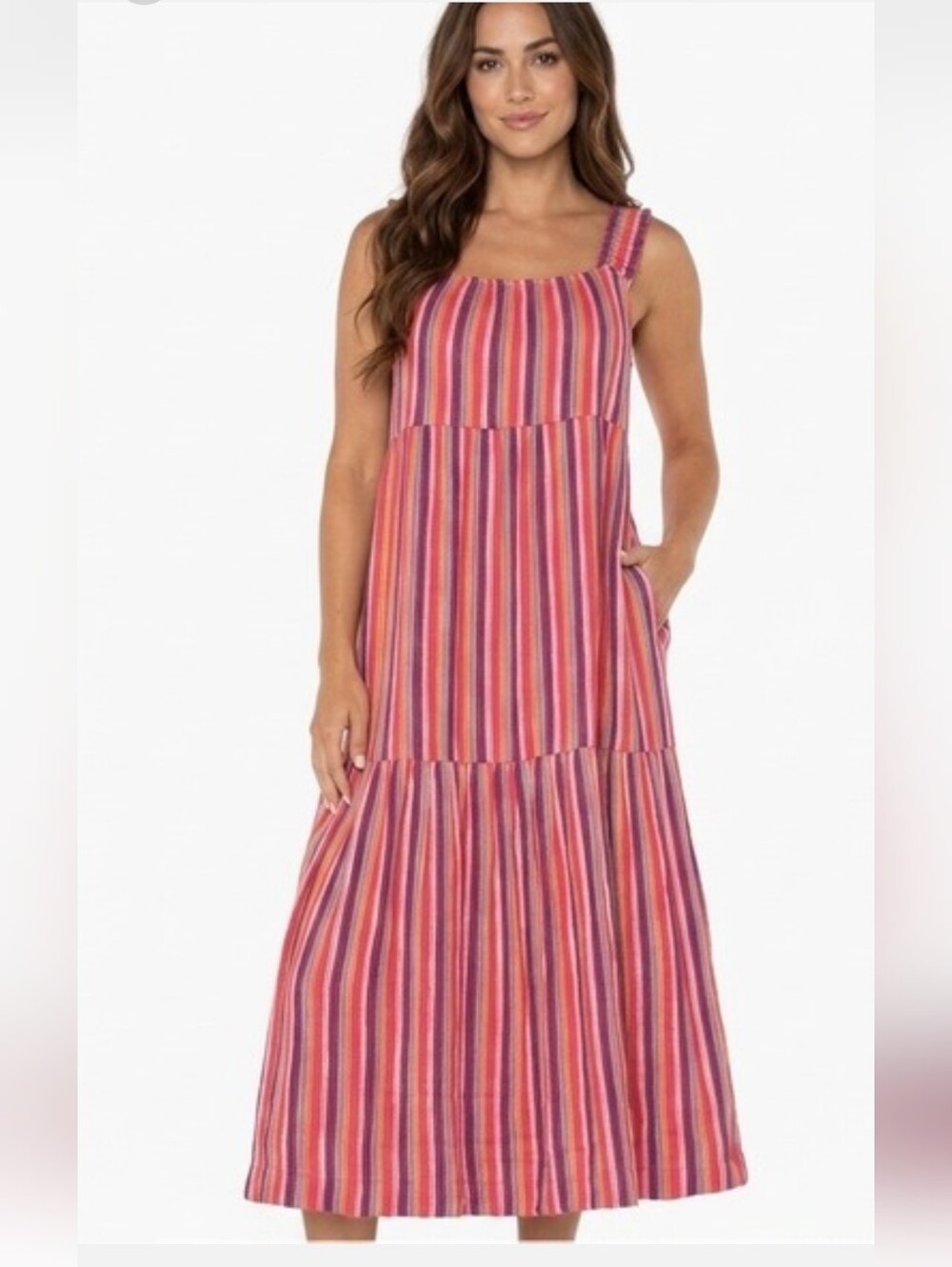 Liverpool Striped Sleeveless Tiered Dress With In Seam Pockets! Boho NWT